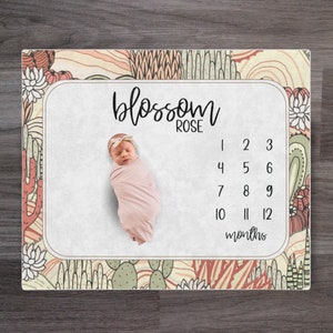 milestone blanket, girl milestone blanket, baby girl milestone blanket, pink milestone blanket, floral, baby milestone blanket, cactus