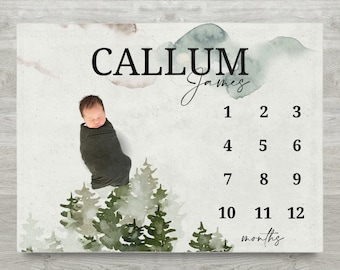Puede incluir: Una manta de hito con el nombre "CALLUM James" en escritura negra. La manta presenta árboles de acuarela, un recién nacido envuelto en una manta verde oscuro y los números 1-12 con la palabra "meses" debajo.