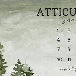 Pu&ograve; includere: Una coperta milestone con il nome "ATTICUS" in lettere nere. La coperta presenta uno sfondo verde e grigio tenue con una scena di foresta e i numeri 1, 2, 4, 5, 7, 8, 10 e 11.