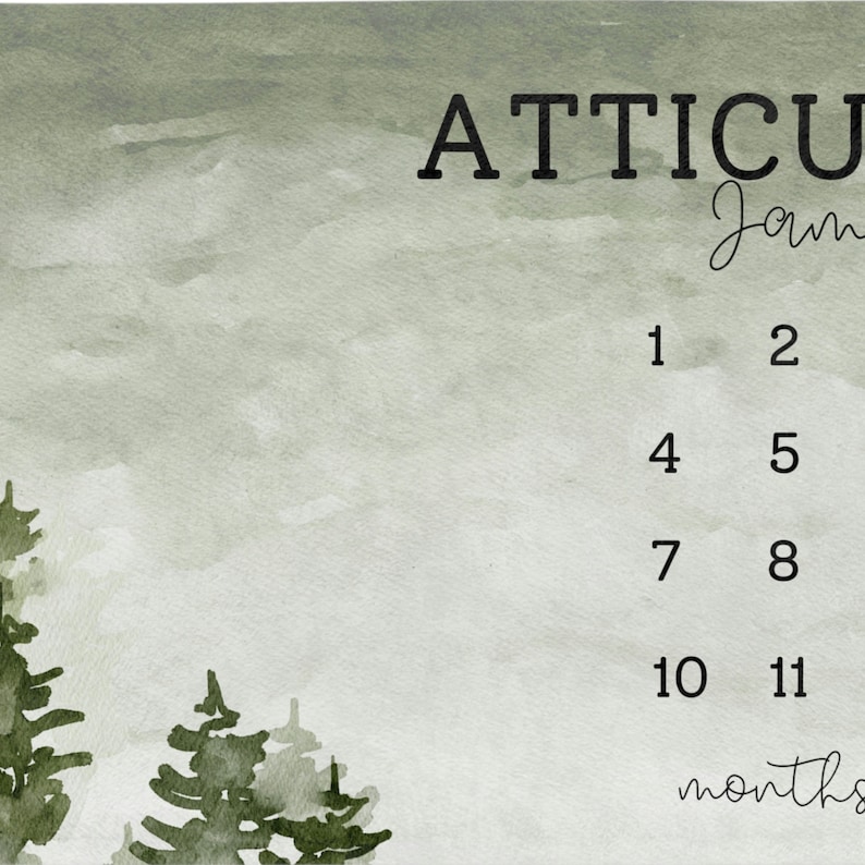 Pu&ograve; includere: Una coperta milestone con il nome "ATTICUS" in lettere nere. La coperta presenta uno sfondo verde e grigio tenue con una scena di foresta e i numeri 1, 2, 4, 5, 7, 8, 10 e 11.