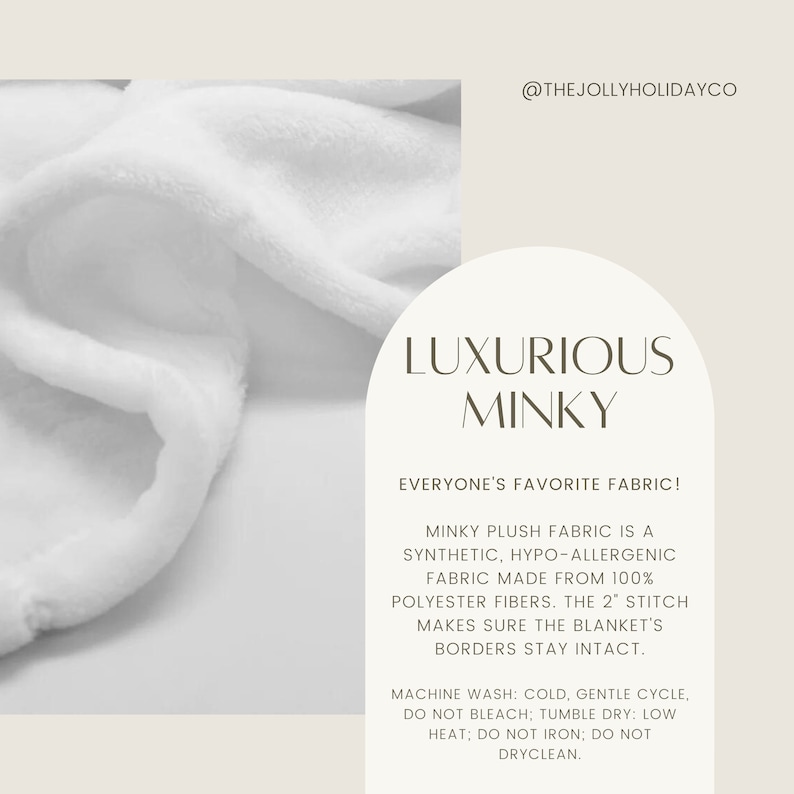 Pu&ograve; includere: Primo piano di una morbida coperta minky bianca. Il testo sull'immagine recita "LUXURIOUS MINKY" e descrive il tessuto come sintetico, ipoallergenico e realizzato con fibre di poliestere al 100%. Sono indicate anche le istruzioni per la cura della coperta.