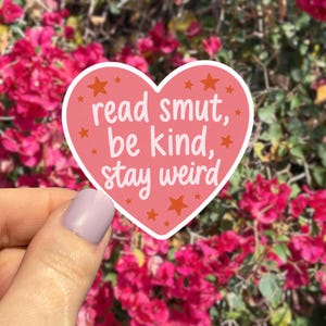 May include: A heart-shaped sticker with a pink background and a white border. The text reads read smut, be kind, stay weird in white cursive lettering. The design is decorated with several small orange stars scattered across the surface.