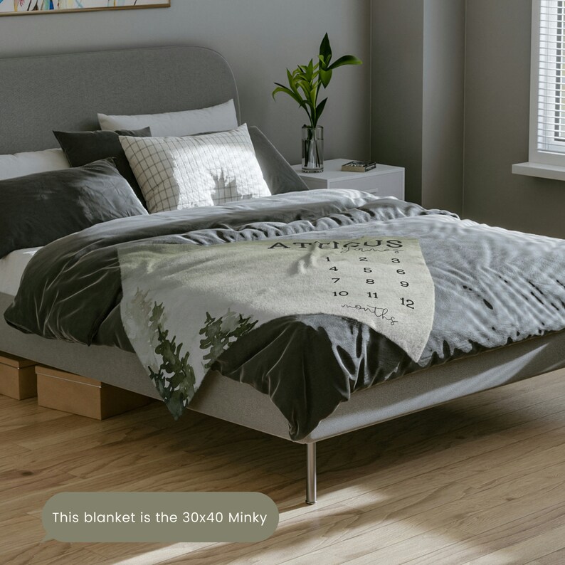 Pu&ograve; includere: Una morbida coperta di colore chiaro con un disegno di foresta e la parola "August" stampata sopra. La coperta misura 76 x 102 cm e presenta un design a calendario con i numeri 1-12 e la parola "months". La coperta &egrave; esposta su un letto.