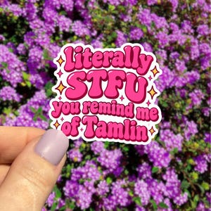 May include: A die-cut sticker with a white border featuring the text "Literally STFU you remind me of Tamlin" in a bold, bubble-style pink font. The design is accented with small, four-pointed yellow stars scattered around the lettering.