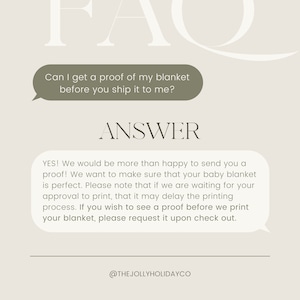 Pu&ograve; includere: Grafica con la domanda "FAQ" e "Posso avere una prova della mia coperta prima che me la spedisci?" La risposta indica che le prove sono disponibili e potrebbero ritardare la stampa. @THEJOLLYHOLIDAYCO.