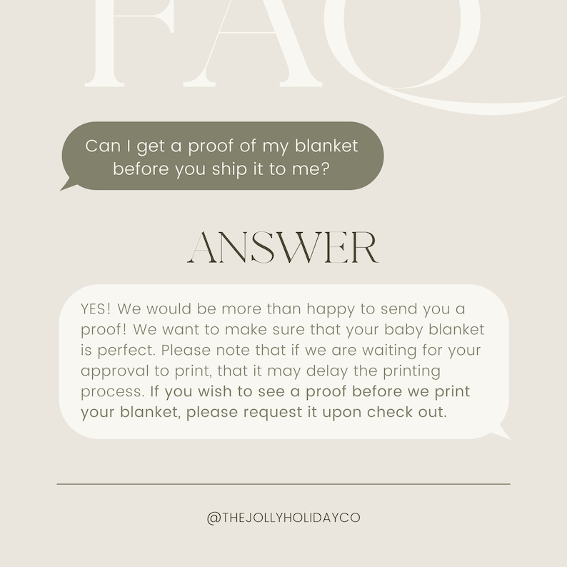 Pu&ograve; includere: Grafica con la domanda "FAQ" e "Posso avere una prova della mia coperta prima che me la spedisci?" La risposta indica che le prove sono disponibili e potrebbero ritardare la stampa. @THEJOLLYHOLIDAYCO.