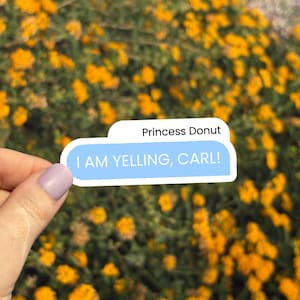 Puede incluir: Una pegatina con el texto "I AM YELLING, CARL!" en un bocadillo azul, con el texto "Princess Donut" encima. La pegatina se sostiene frente a un fondo de flores amarillas.