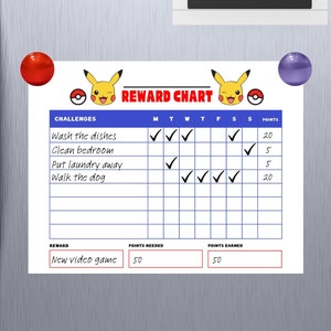May include: A printable reward chart featuring a cartoon Pikachu with a blue and white border. The chart includes a list of chores, a calendar grid, and a section for tracking points earned and needed for a reward. The reward is a new video game.
