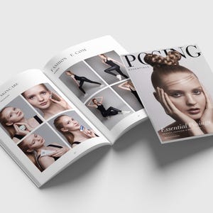 Könnte beinhalten: Offenes Magazin mit dem Titel "Posing Essentials" auf dem Cover. Das Cover zeigt eine Frau mit einem Zopf im Haar, die Make-up trägt und in die Kamera schaut. Das Magazin ist auf einer Seite mit dem Titel "Essential Posing" und auf einer Seite mit dem Titel "Beauty Skincare" geöffnet.