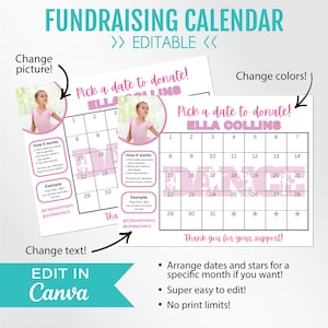 EDITABLE Fundraising Calendar, Dance Studio, Pick a Date to Donate, Pay the Date Fundraiser, CANVA, Instant Download, US Letter | 8.5 x 11