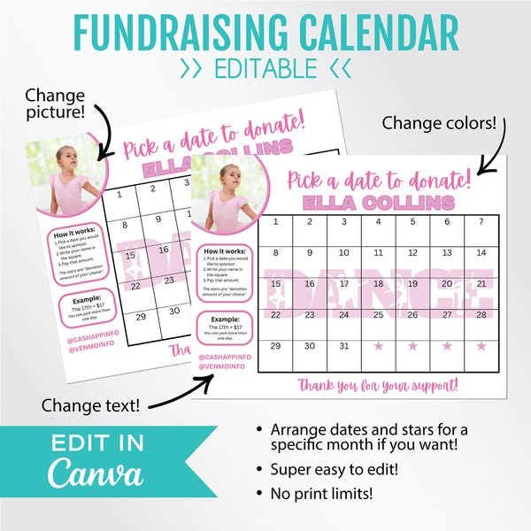 EDITABLE Fundraising Calendar, Dance Studio, Pick a Date to Donate, Pay the Date Fundraiser, CANVA, Instant Download, US Letter | 8.5 x 11