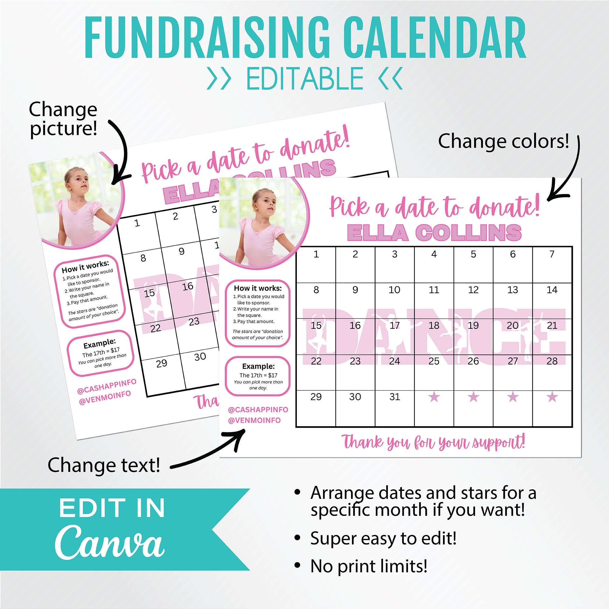 EDITABLE Fundraising Calendar, Dance Studio, Pick a Date to Donate, Pay EDITABLE Fundraising Calendar, Dance Studio, Pick a Date to Donate, Pay