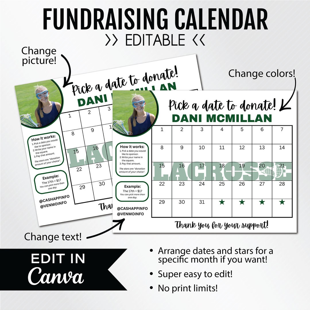 EDITABLE Fundraising Calendar, Lacrosse Team, Pick a Date to Donate