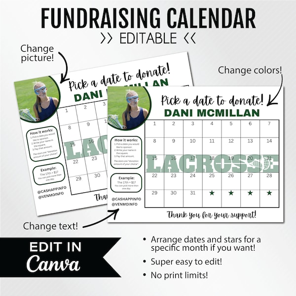 EDITABLE Fundraising Calendar, Lacrosse Team, Pick a Date to Donate, Pay the Date Fundraiser, CANVA, Instant Download, US Letter | 8.5 x 11