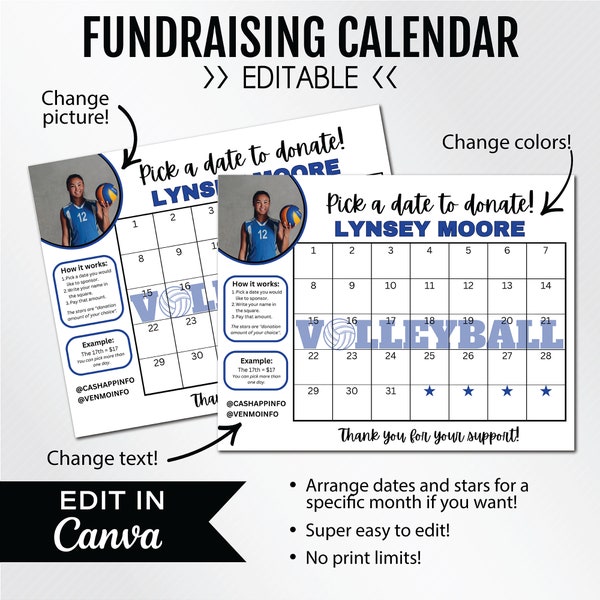 EDITABLE Fundraising Calendar, Volleyball, Pick a Date to Donate, Pay the Date Fundraiser, CANVA, Instant Download, US Letter | 8.5 x 11