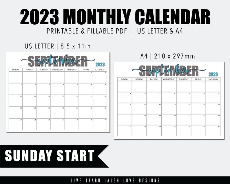 2023 Monthly Calendar Sunday Start Printable Fillable PDF - Etsy