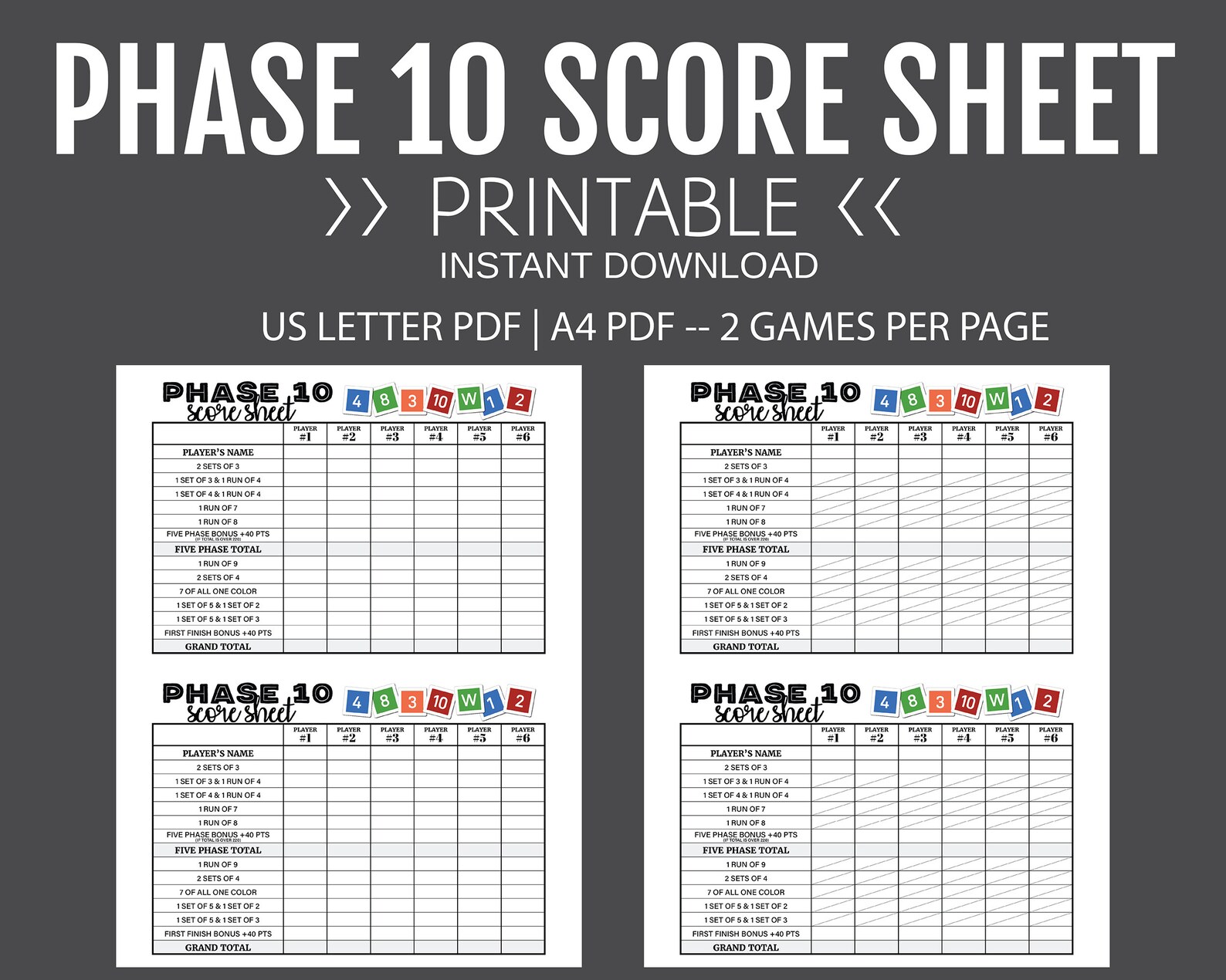 Phase 10 Score Sheet Printable Score Sheet Digital Instant Download 