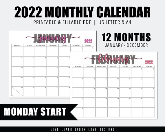 Calendars & Planners Monday Start US Letter 2022 Calendar Printable ...