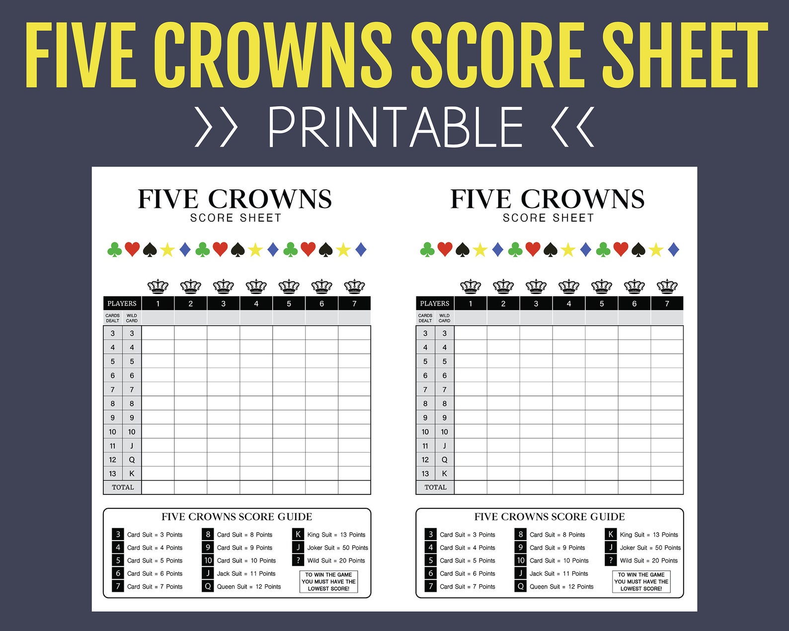 Five Crowns Score Sheet, Printable Score Sheet, Digital, Instant