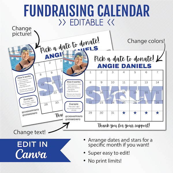 EDITABLE Fundraising Calendar, Swim Team, Pick a Date to Donate, Pay the Date Fundraiser, CANVA, Instant Download, US Letter | 8.5 x 11