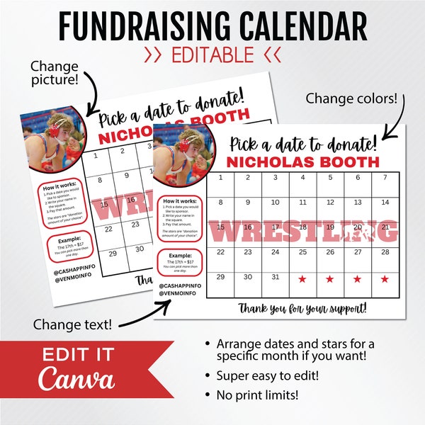 EDITABLE Fundraising Calendar, Wrestling, Pick a Date to Donate, Pay the Date Fundraiser, CANVA, Instant Download, US Letter | 8.5 x 11