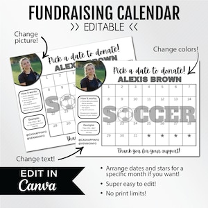 EDITABLE Fundraising Calendar, Soccer Team, Pick a Date to Donate, Pay the Date Fundraiser, CANVA, Instant Download, US Letter | 8.5 x 11