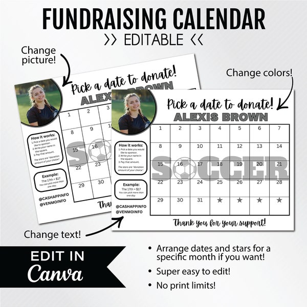 EDITABLE Fundraising Calendar, Soccer Team, Pick a Date to Donate, Pay the Date Fundraiser, CANVA, Instant Download, US Letter | 8.5 x 11