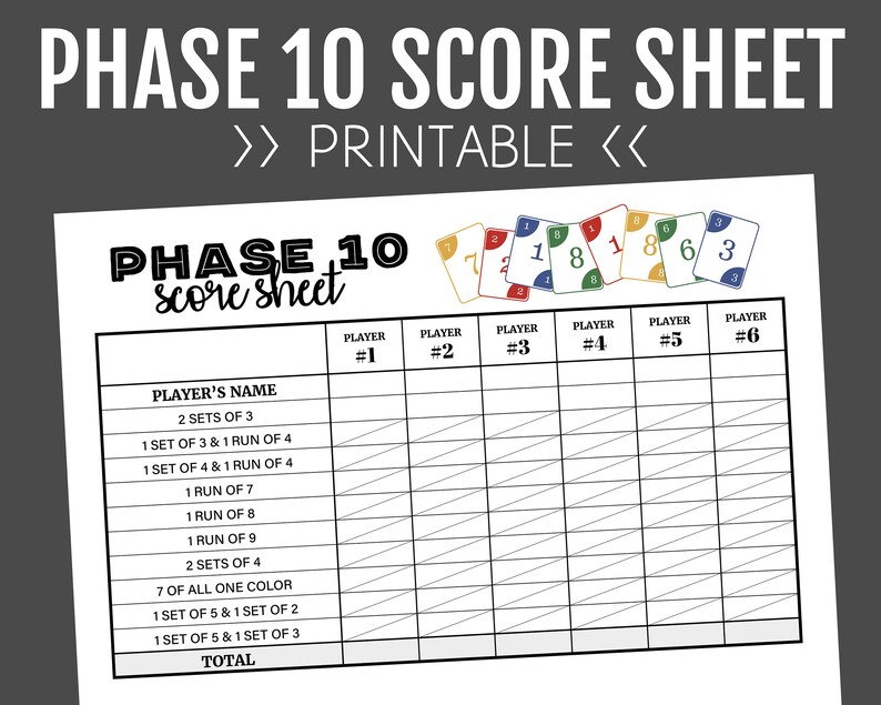 Phase 10 Score Sheet Printable Score Sheet Digital Instant Download