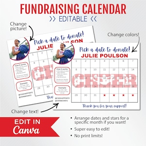 EDITABLE Fundraising Calendar, Cheer Team, Pick a Date to Donate, Pay the Date Fundraiser, CANVA, Instant Download, US Letter | 8.5 x 11