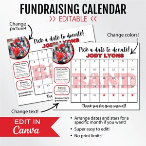 May include: A pink and white fundraising calendar with a marching band photo and the text "Pick a date to donate! Jody Lyons Band". The calendar has dates from 1 to 31 and stars for the last four days of the month. The text "Thank you for your support!" is at the bottom of the calendar.