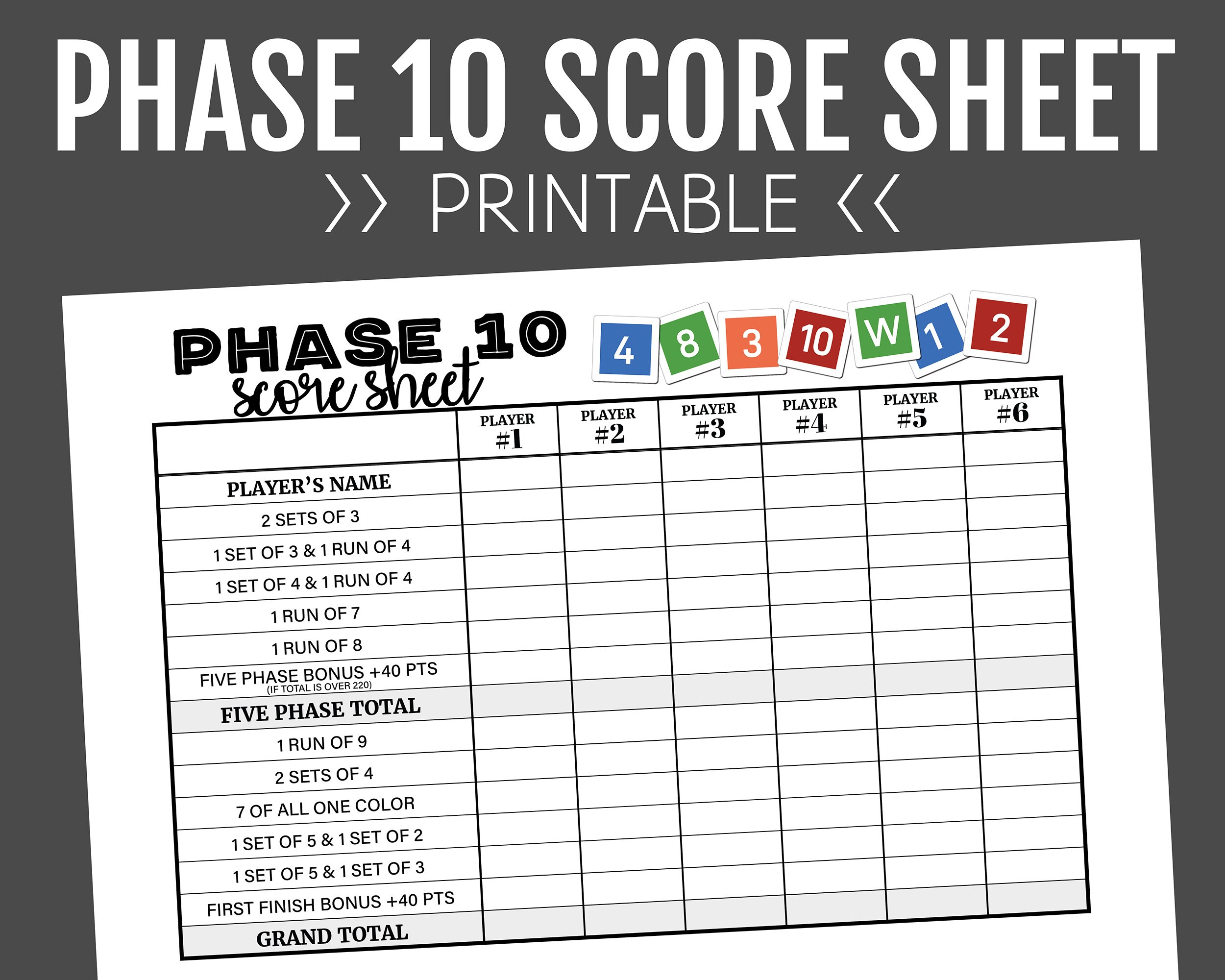 Phase 10 Score Sheet Printable Score Sheet Digital Instant Etsy Nederland