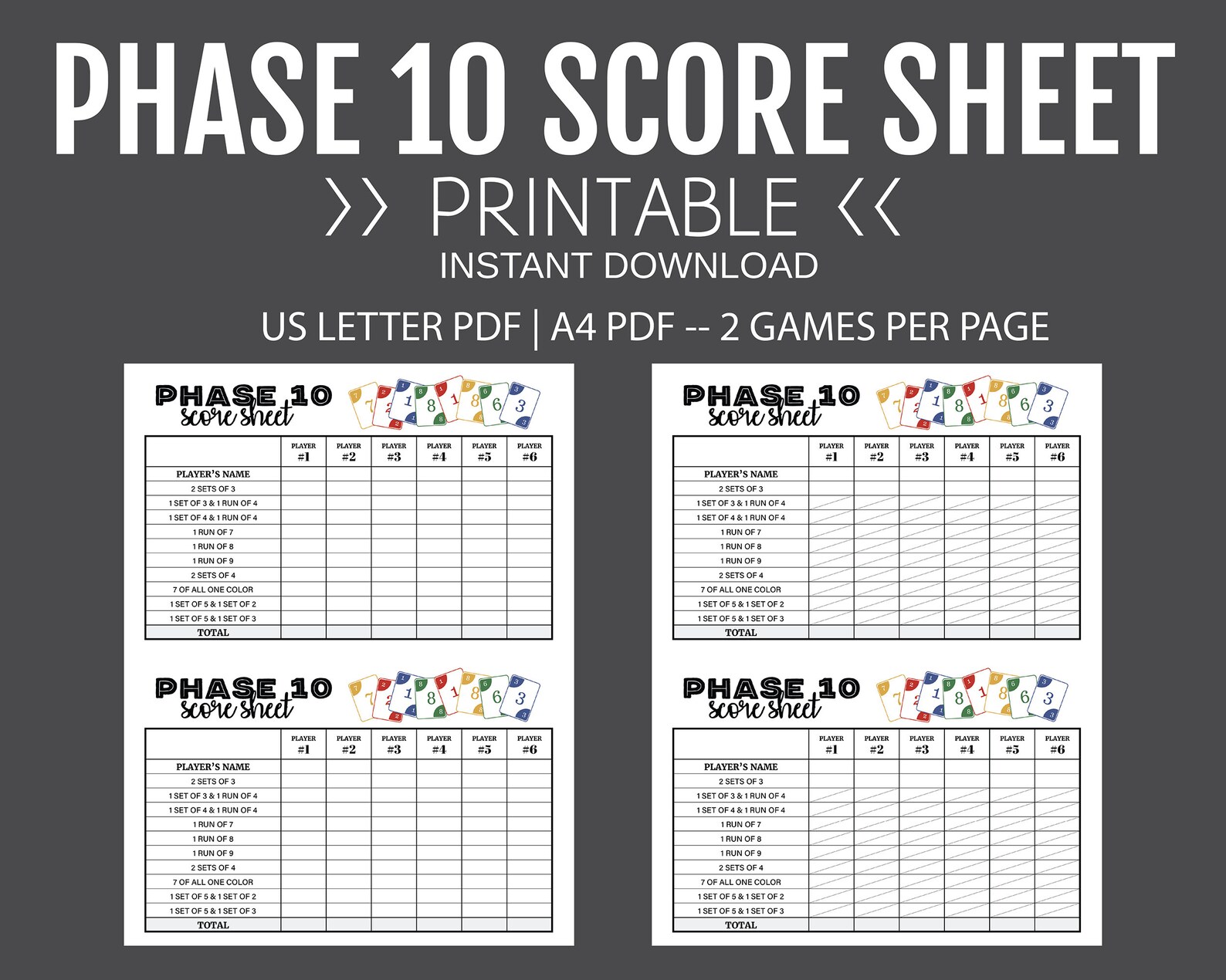 Phase 10 Score Sheet Printable Score Sheet Digital Instant Download Phase 10 Score Sheet Printable Score Sheet Digital Instant Download