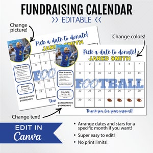Calendario de recaudación de fondos editable, fútbol, elija una fecha para donar, pague la fecha de recaudación de fondos, CANVA, descarga instantánea, tamaño carta de EE. UU./8,5 x 11