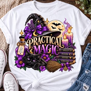 May include: A white t-shirt featuring a graphic print of a black cat, a witch hat with a purple bow, a potion bottle with a tag reading A LITTLE MAGIC GOES A LONG WAY, two lit purple candles, a stack of books labeled SPELLS, POTIONS, SISTERS, FOREVER, and a broom.