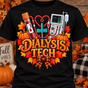 May include: A black t-shirt featuring a graphic of a blood vial, a dialysis machine, and a heart-shaped tube. The design includes orange pumpkins, autumn maple leaves, a plaid bow, and the text DIALYSIS TECH in large orange letters.