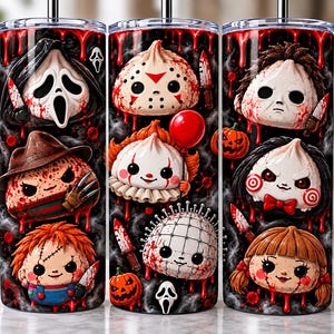 May include: A cylindrical tumbler featuring a wrap-around graphic of various horror movie characters depicted as stylized, round figures. The design includes blood-red drips, smoke effects, and small pumpkins against a dark background.