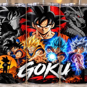 May include: A cylindrical stainless steel tumbler featuring a vibrant graphic print of the character Goku in various forms, including Super Saiyan and Ultra Instinct. The design incorporates Japanese kanji text, a dragon illustration, and the name Goku.