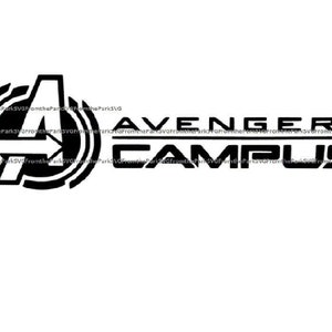 May include: Black and white logo with a stylized "A" inside a circle and the text "AVENGERS CAMPUS" below.