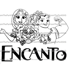 May include: Black and white line art illustration of three cartoon characters from the Disney movie Encanto. The characters are Mirabel, Isabela, and Luisa. The word "ENCANTO" is written in bold, black letters below the characters.