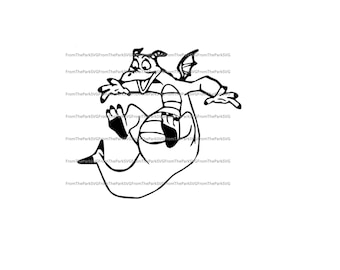 May include: A black and white line drawing of a cartoon dragon with wings, jumping in the air with its legs and tail extended.