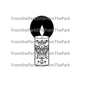 May include: Black and white illustration of a candle with a butterfly design. The candle has a flame on top and a decorative pattern on the side.