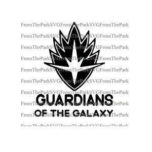 Può includere: Grafica in bianco e nero del logo dei Guardiani della Galassia. Il logo presenta un albero stilizzato con una stella al centro e le parole "Guardiani della Galassia" sotto.