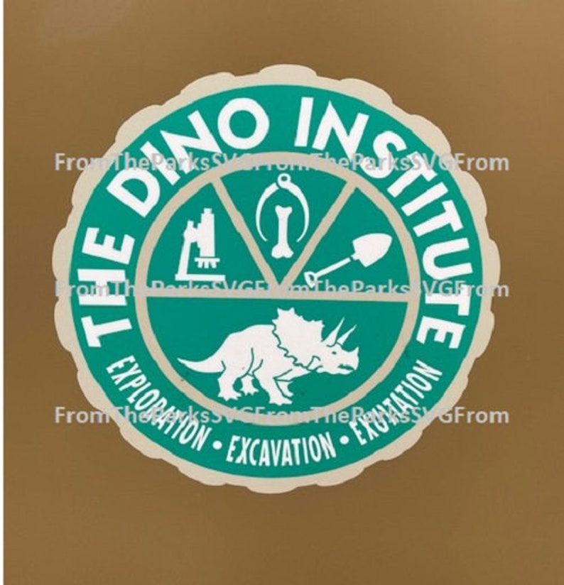 Puede incluir: Un c&iacute;rculo verde turquesa con texto blanco que dice "The Dino Institute" y una silueta de dinosaurio blanca. El c&iacute;rculo tiene tres c&iacute;rculos m&aacute;s peque&ntilde;os dentro con iconos blancos de un microscopio, un hueso y una pala. El texto alrededor del exterior del c&iacute;rculo dice "Exploration - Excavation - Excavation".