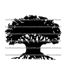 May include: Black silhouette of a tree with a thick trunk and many branches. The branches are filled with animals, including lions, elephants, giraffes, and monkeys. The tree is rooted in a thick, tangled mass of roots.