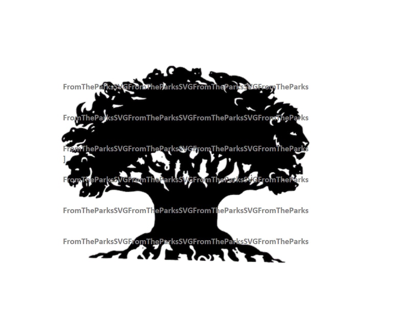 May include: Black silhouette of a tree with a thick trunk and many branches. The branches are filled with animals, including lions, elephants, giraffes, and monkeys. The tree is rooted in a thick, tangled mass of roots.