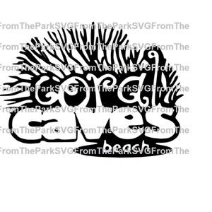 Può includere: Grafica in bianco e nero di barriere coralline con il testo "Coral Caves Beach".