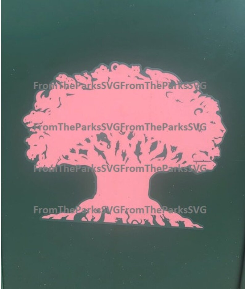 May include: Pink silhouette of a tree with many branches and leaves. The tree is on a dark green background.