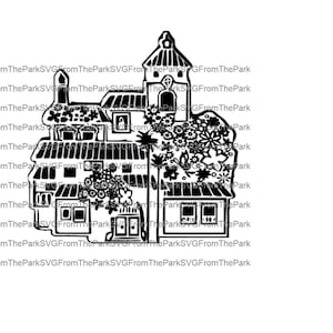 Könnte beinhalten: Schwarzweiß-Illustration eines Gebäudeensembles mit filigranen Details und einem floralen Design. Die Gebäude haben mehrere Fenster und verschiedene Dachformen. Das florale Design besteht aus Blättern und Blumen.