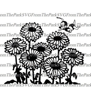 May include: Black and white daisy and dog silhouette design. The image features several daisies with a playful dog leaping above them. The text "From The ParkSVGFrom The Park" is repeated throughout the image.