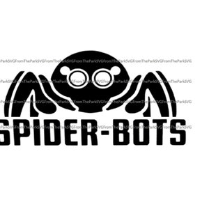 Könnte beinhalten: Schwarzweiß-Illustration einer Spinne mit großen, runden Augen und dem Text "SPIDER-BOTS".